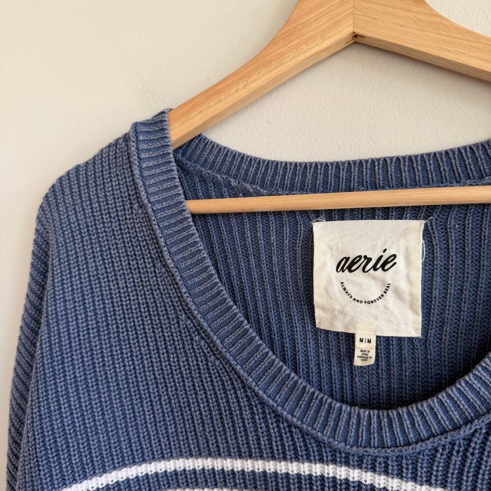 Aerie Beyond Cropped Drop Shoulders Oversized Fit Ribbed Sweater Blue White M - Picture 4 of 8
